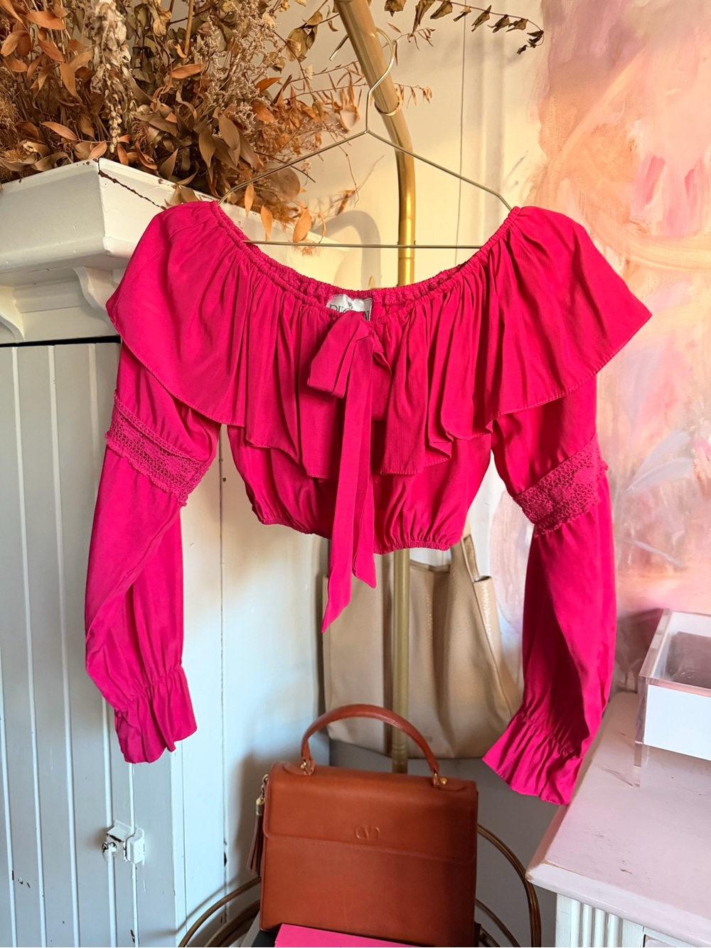 Puccini Off-Shoulder Ruffle Tie-Front Top — Hot Pink
